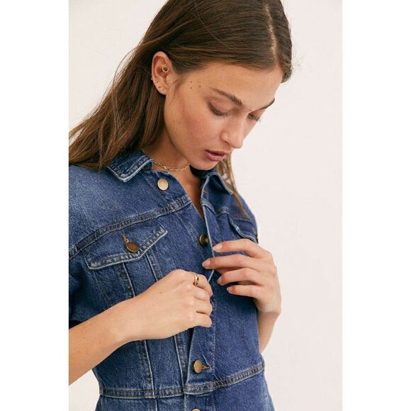 FREE PEOPLE XS DENIM CITY ASYMMETRICAL BUTTON RAW HEM MINI SHIRT DRESS BLUE - Picture 4 of 11